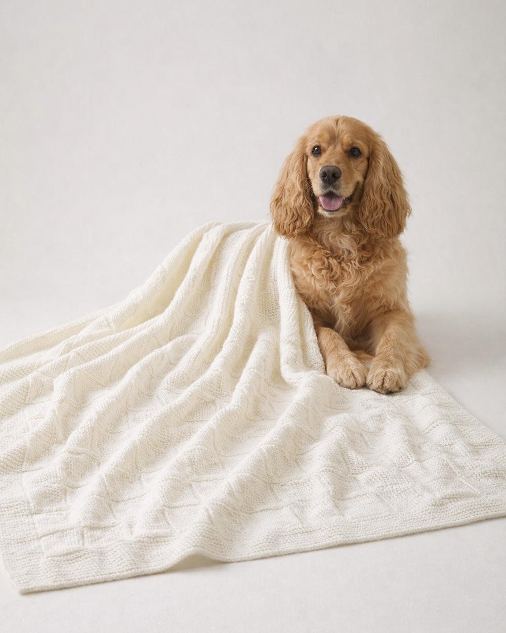 Dog sitting on a white blanket against a plain background