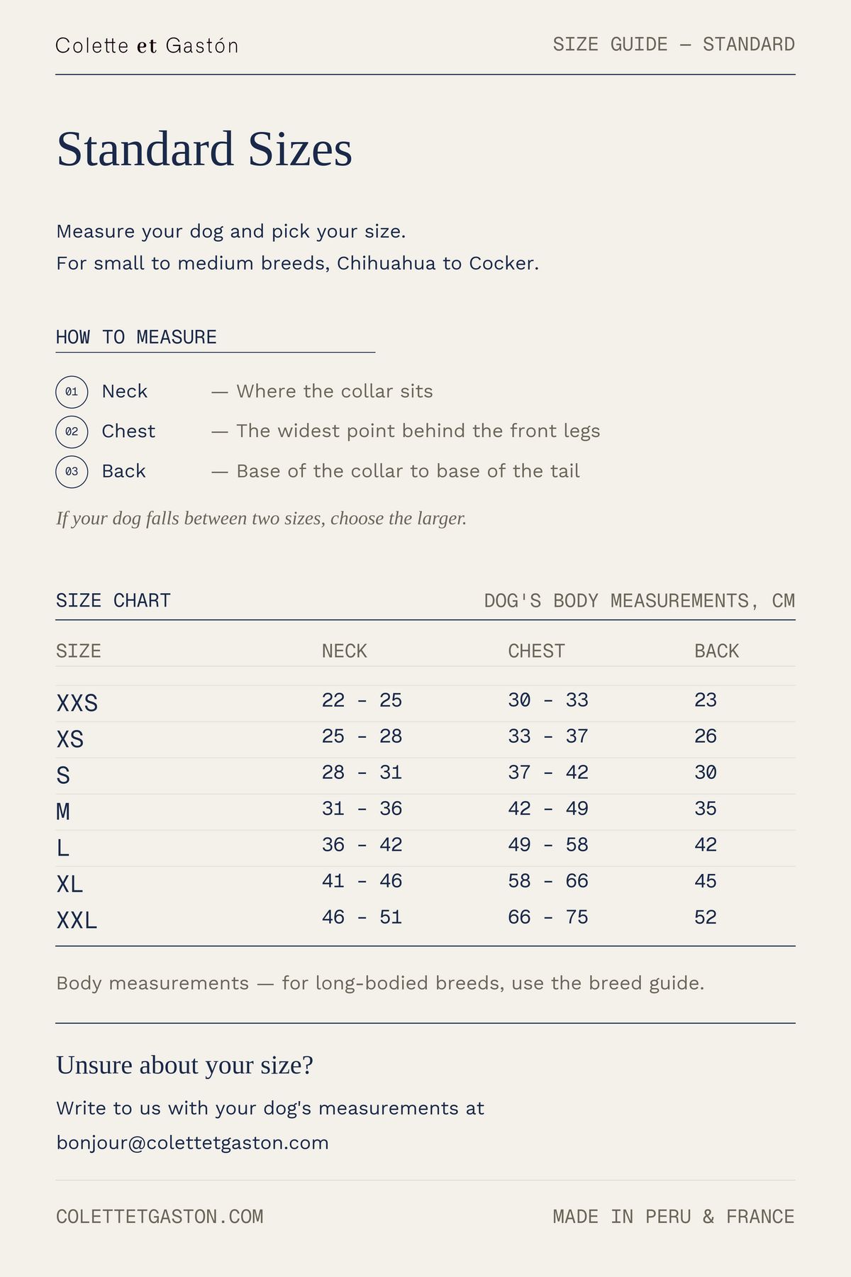 A size guide sheet for Colette et Gastén dog collars, showing standard sizes from XXS to XXL with neck, chest, and back measurements in centimeters, plus a brief how-to-measure section.