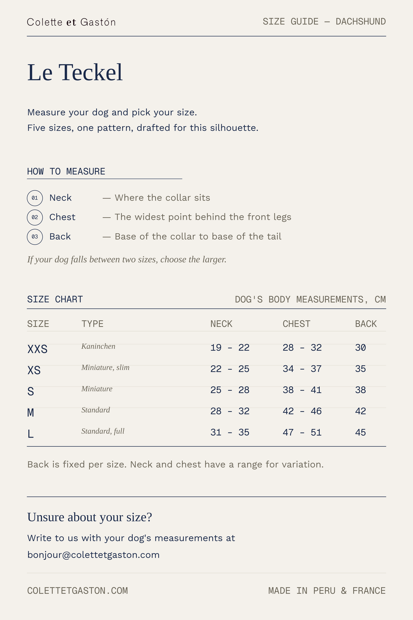 A size guide sheet for Le Teckel by Colette et Gaston, featuring a size chart with measurements in centimeters for XXS through L, along with neck, chest, and back measurements and a small diagram showing where to measure on the dog.