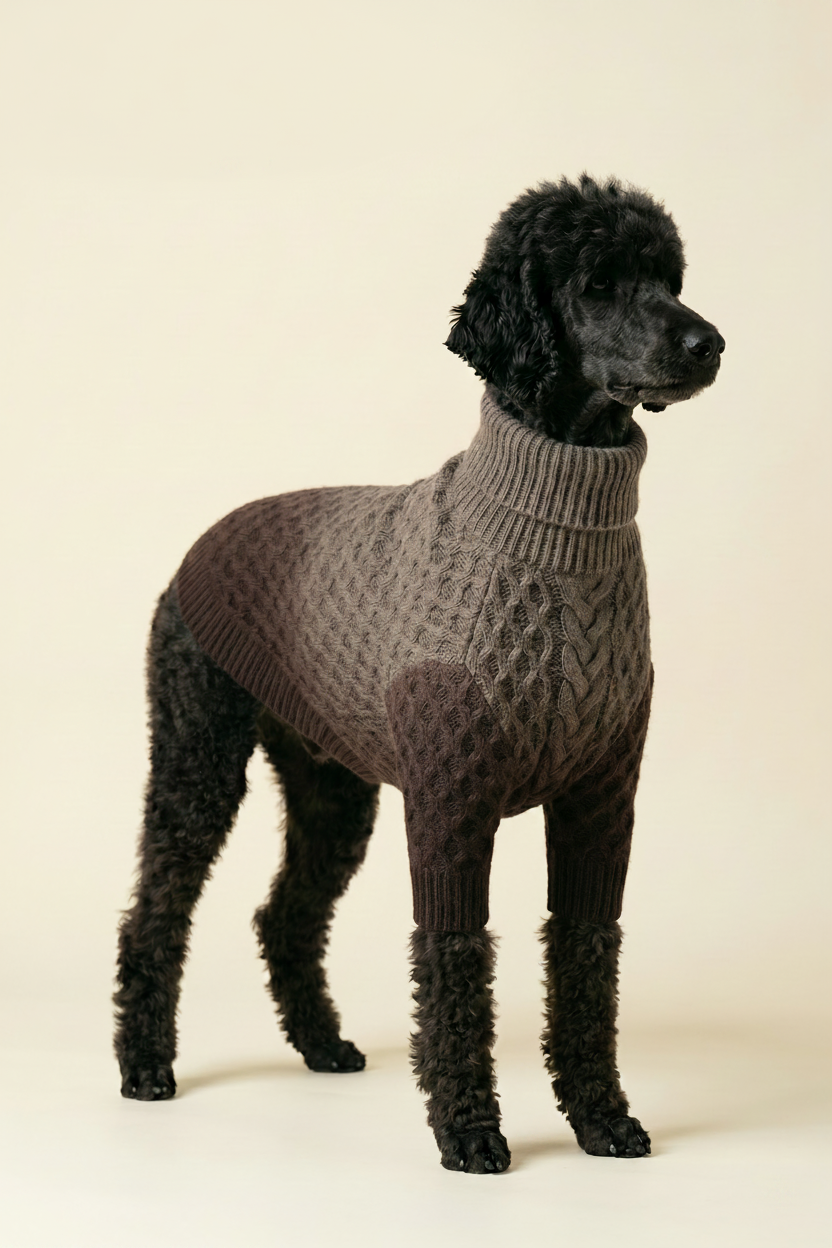 Dog wearing a brown knitted sweater on a beige background