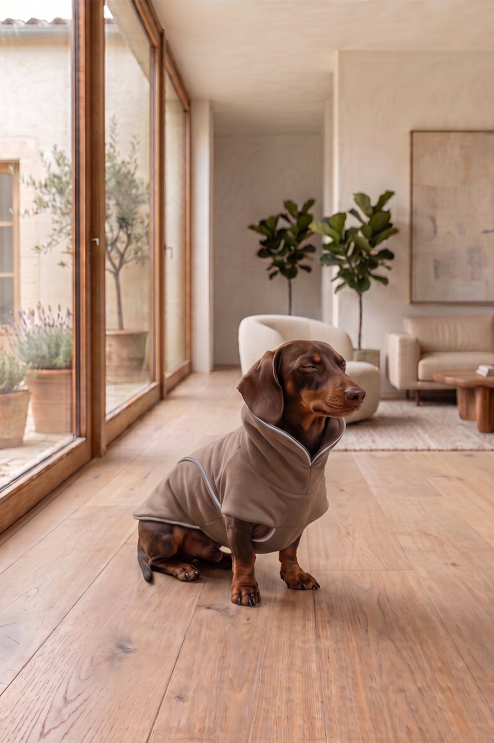 A dachshund wearing a taupe-brown hooded dog sweater sits on a light wood floor in a bright, modern living room with large windows and plants.