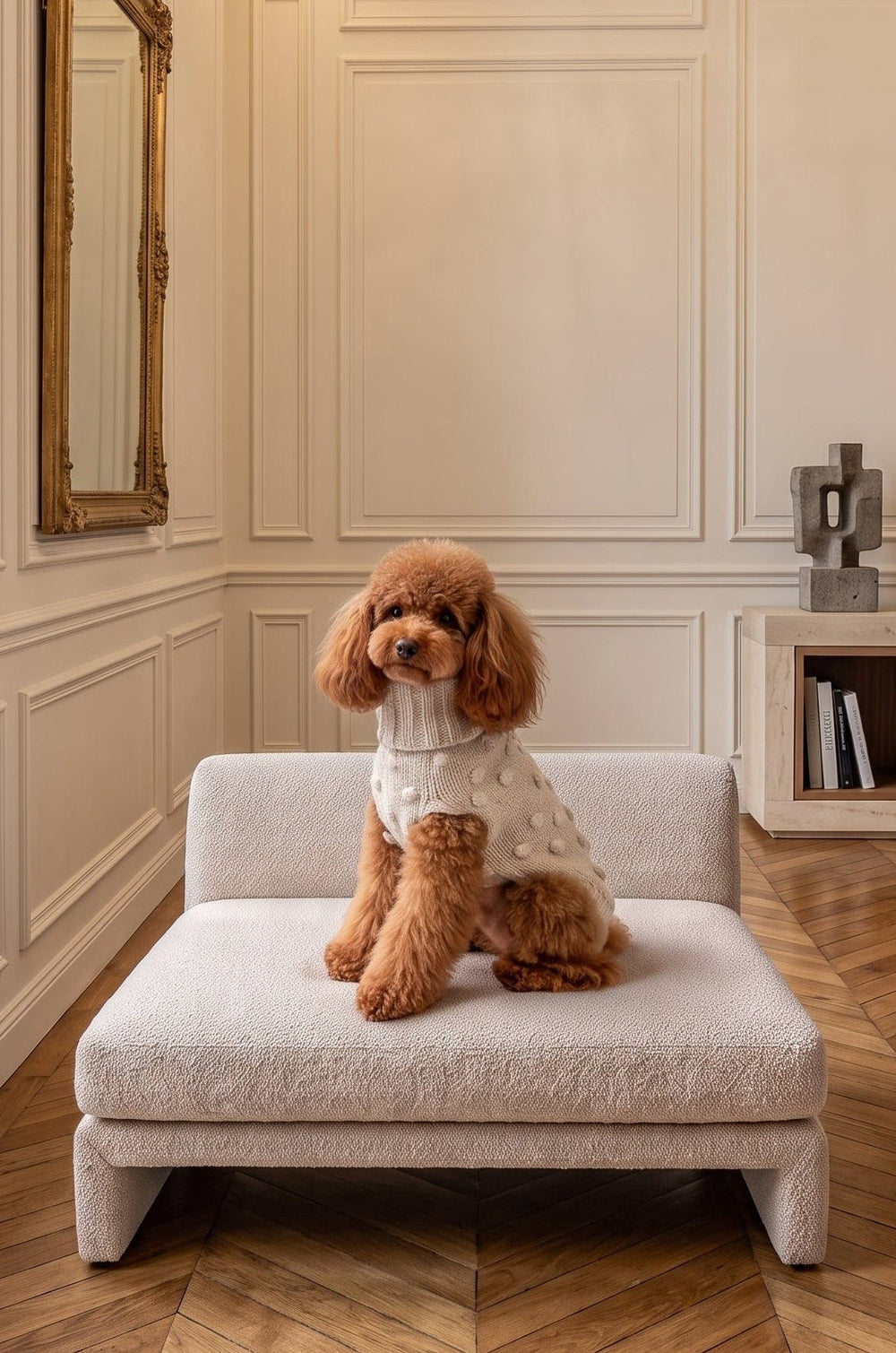A small brown poodle wearing a white patterned top sits on a light beige upholstered pet bed in a classic French-style room with beige paneled walls, a wooden herringbone floor, and a gold-framed mirror.