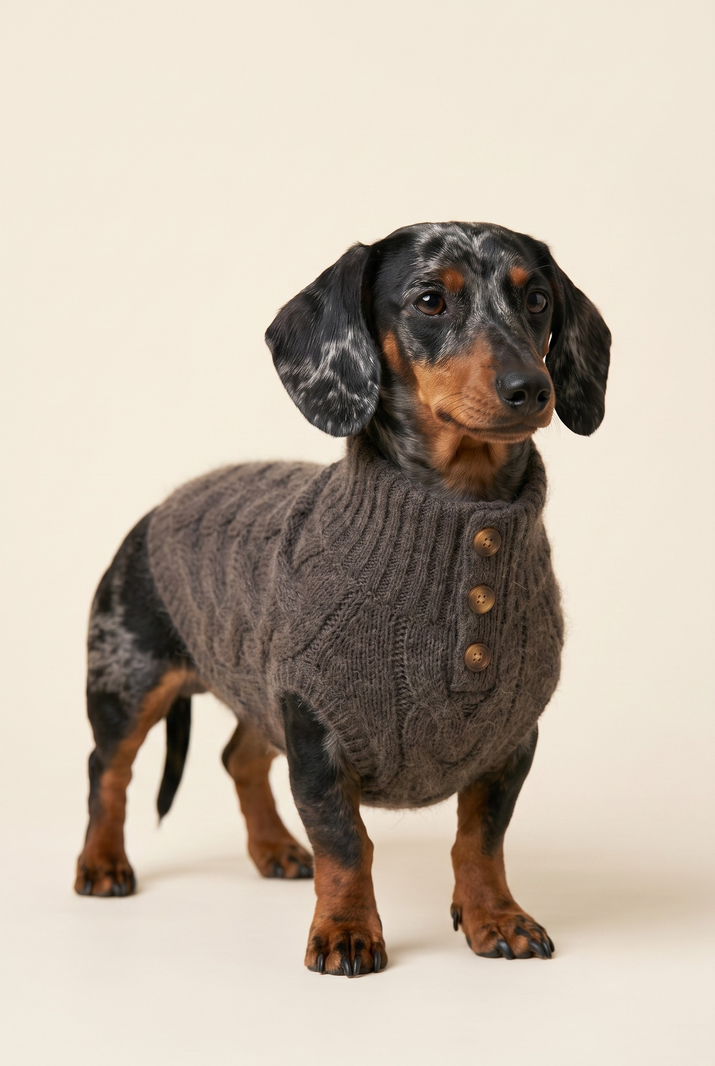 A dachshund wearing a dark gray cable-knit sweater with three brown buttons, standing against a solid light beige background.