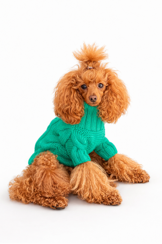 Small dog wearing a green sweater on a white background