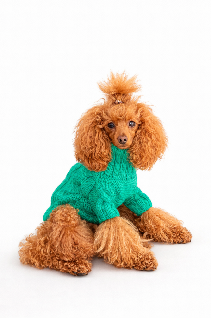 Poodle wearing a green sweater on a white background