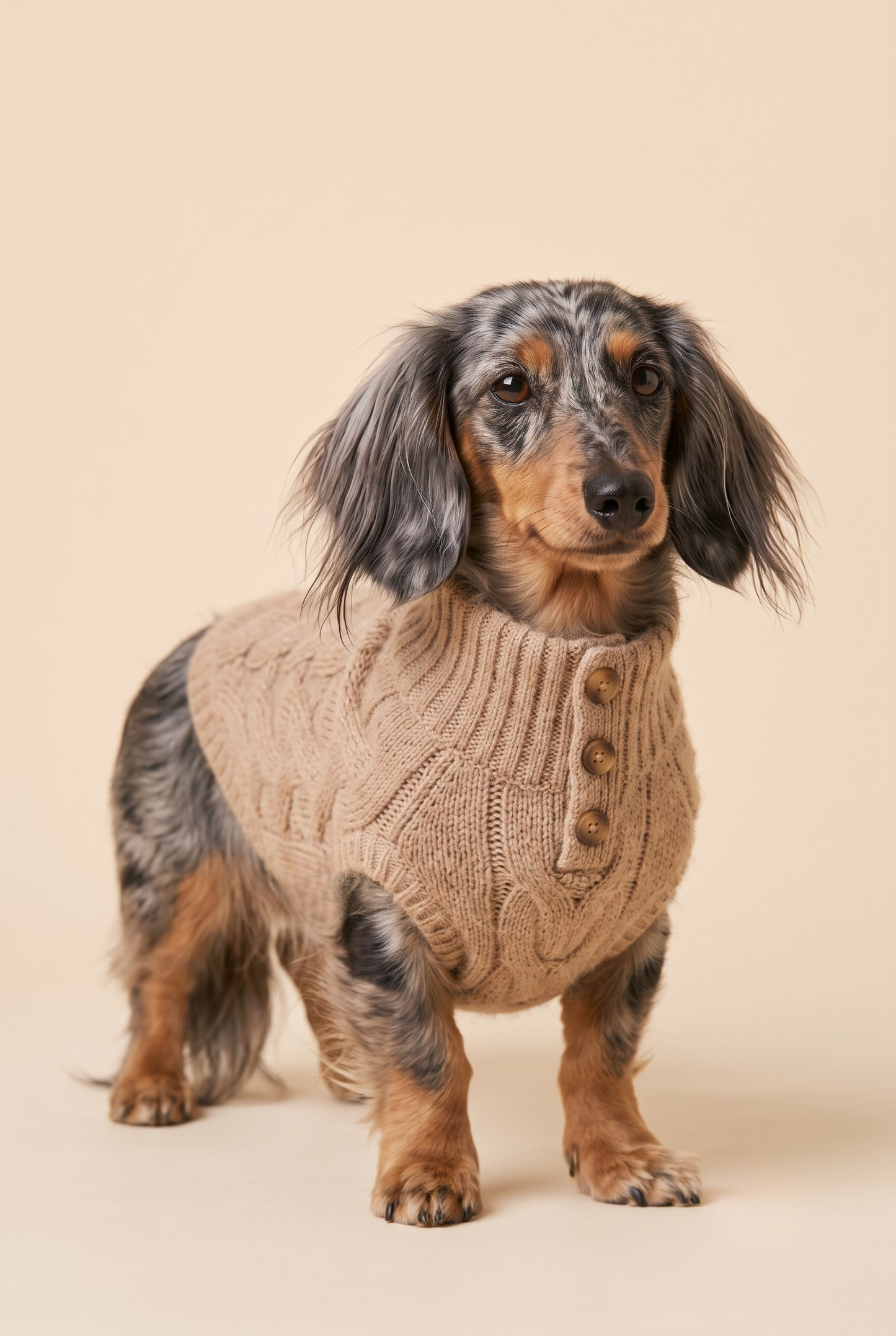 A dachshund wearing a beige cable-knit sweater with three front buttons, standing against a solid beige background.