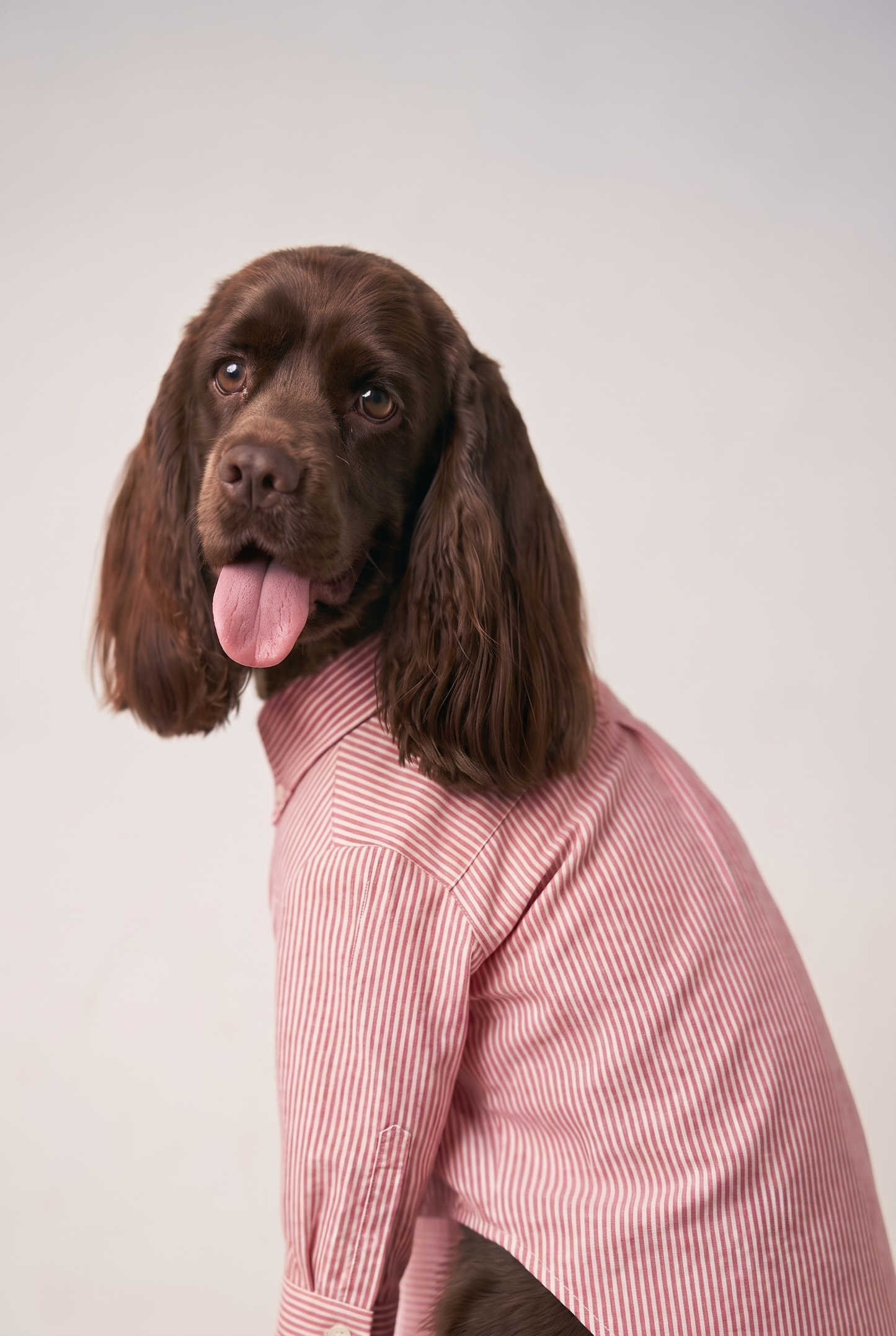 A brown dog wearing a pink and white vertically striped button-up shirt, photographed against a plain light gray studio background.