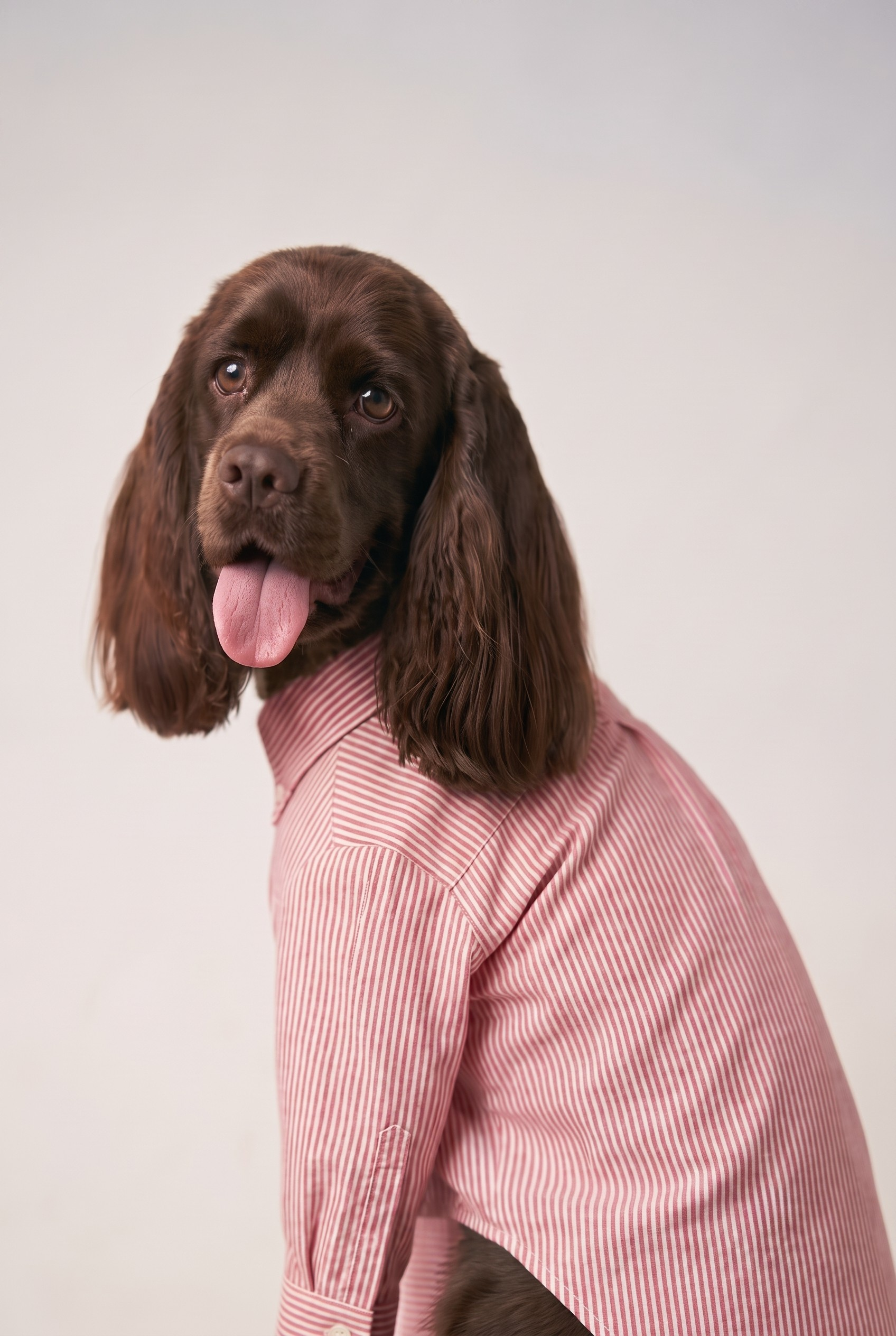 A brown dog wearing a pink and white vertically striped button-up shirt, photographed against a plain light gray studio background.