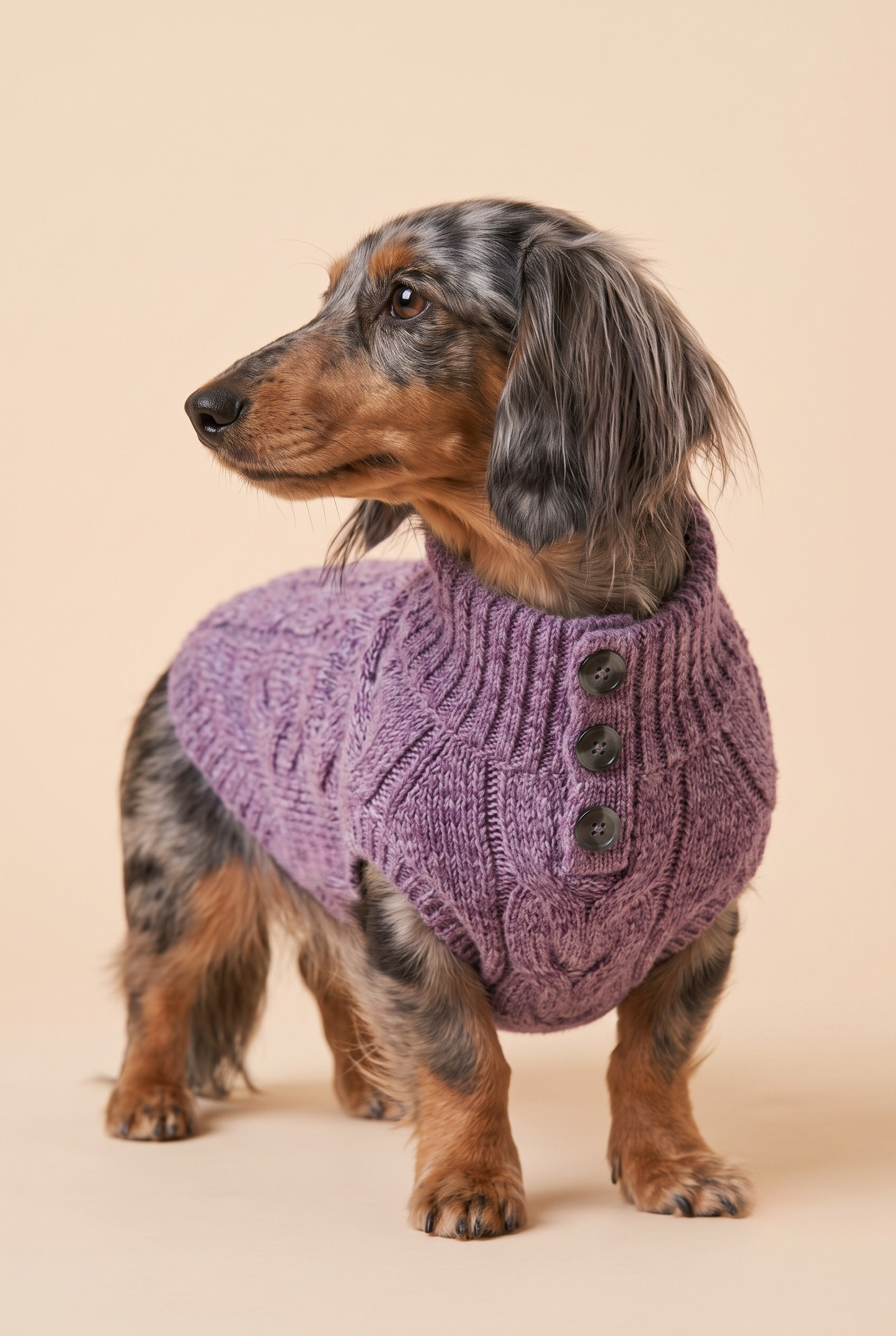 A dachshund wearing a lilac cable-knit polo sweater with three dark horn buttons, standing against a solid pale peach background.