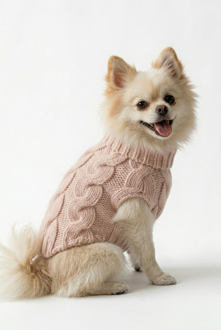 Small dog wearing a pink knitted sweater on a white background
