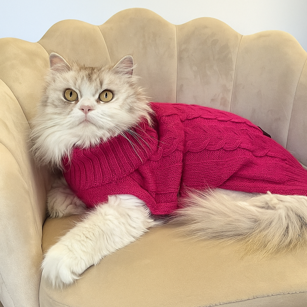 Cat wearing a pink sweater sitting on a beige couch