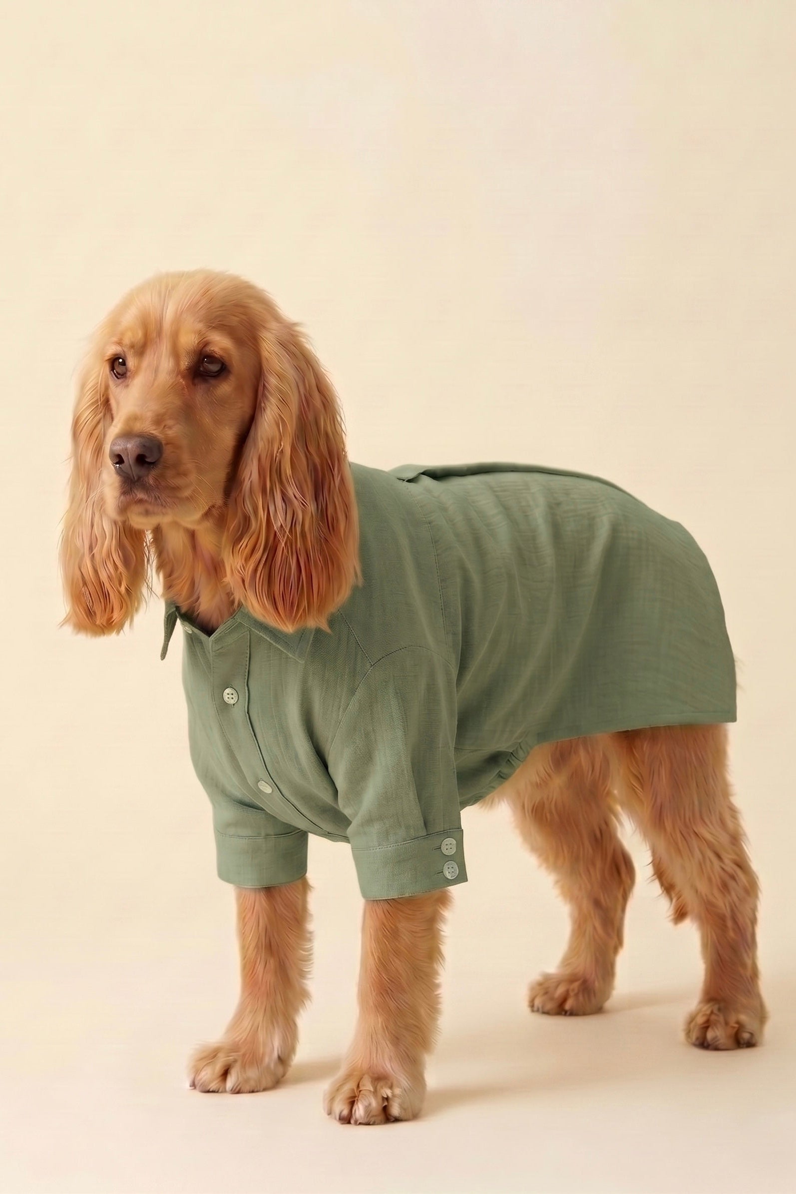 Dog wearing a green dog shirt on a beige background