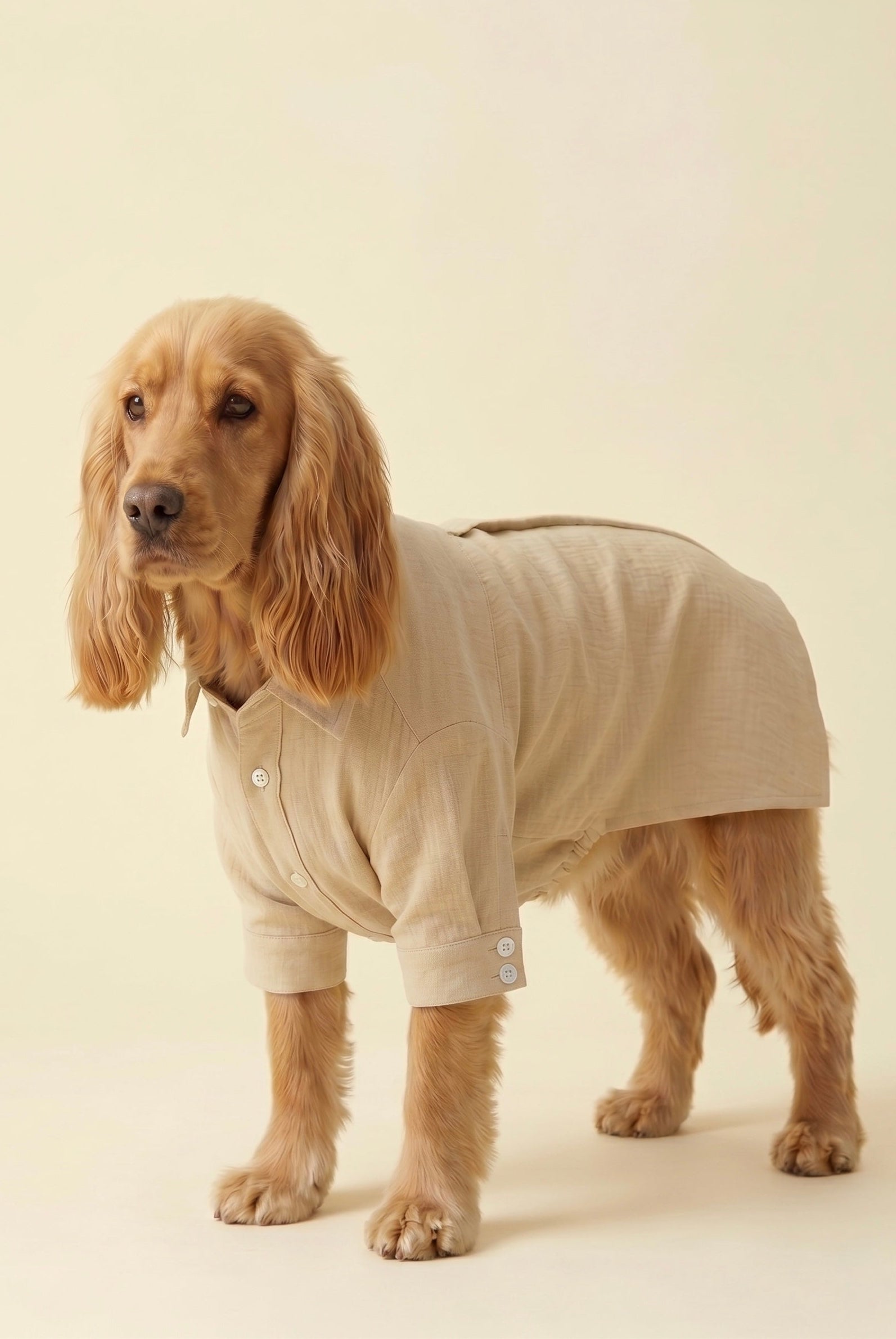 Dog wearing a ivory luxury dog shirt outfit on a plain background