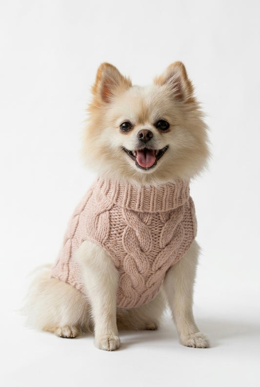 Small dog wearing a pink knitted sweater on a white background