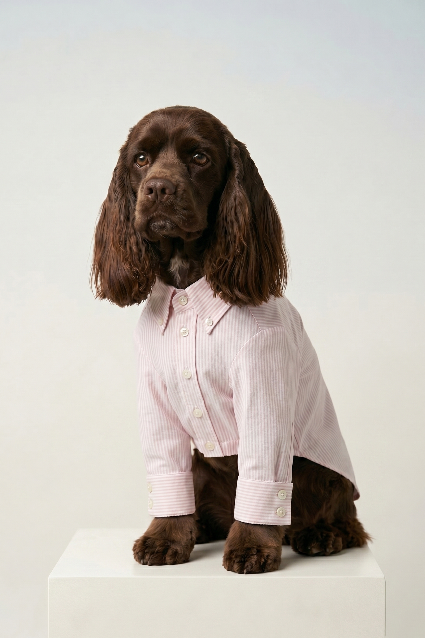 Dog wearing a light pink shirt on a white background
