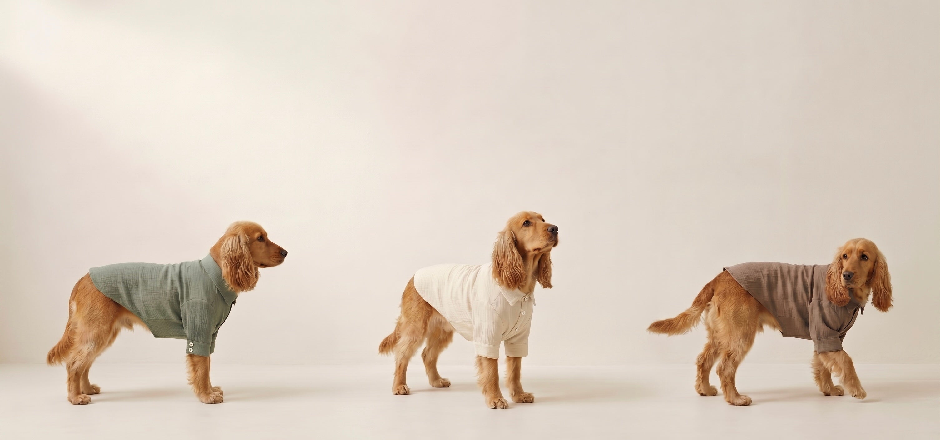 Three dogs wearing gray sweaters on a white background