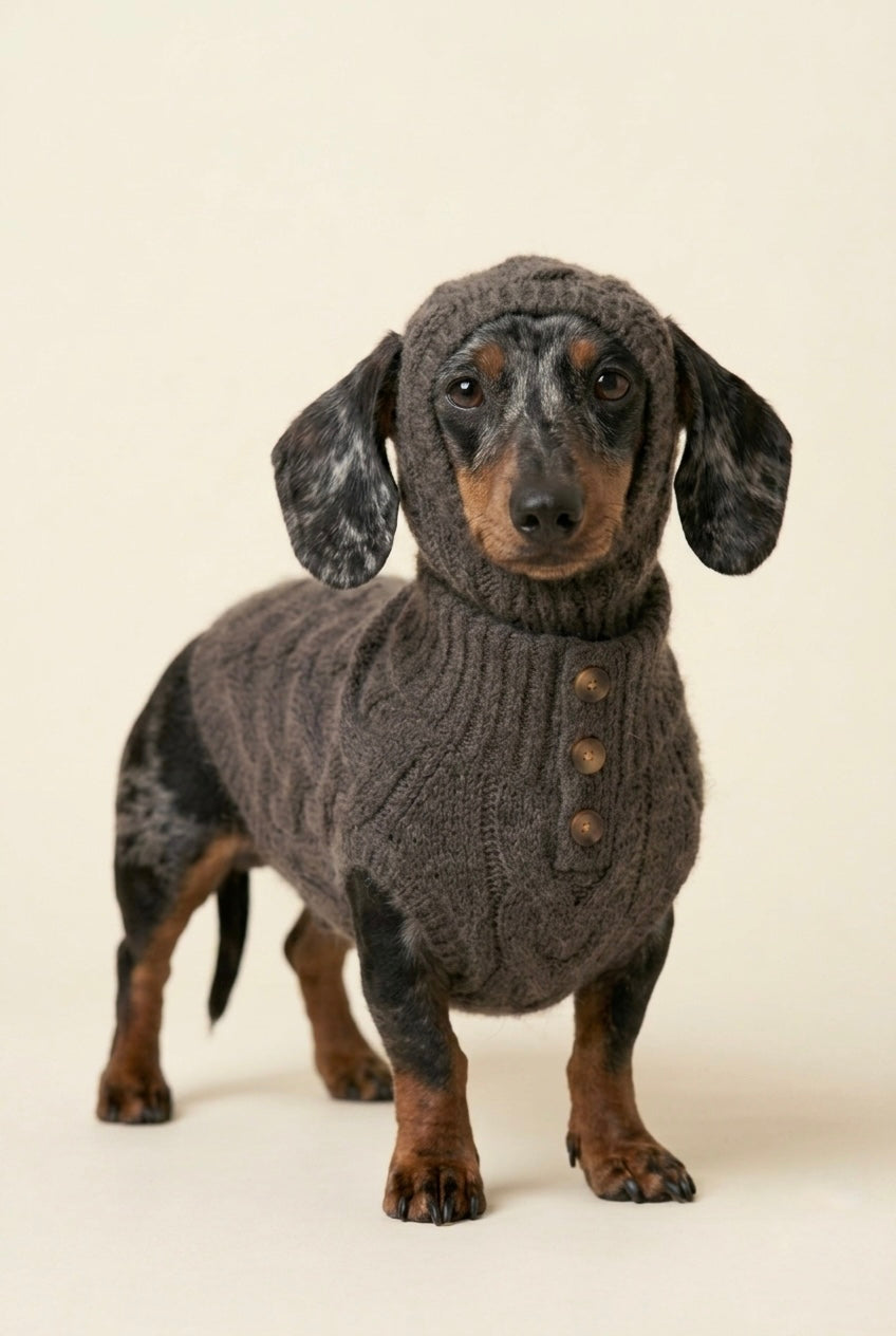 A dachshund wearing a dark gray knitted dog sweater with a hood and three front buttons, standing against a plain light beige studio background.
