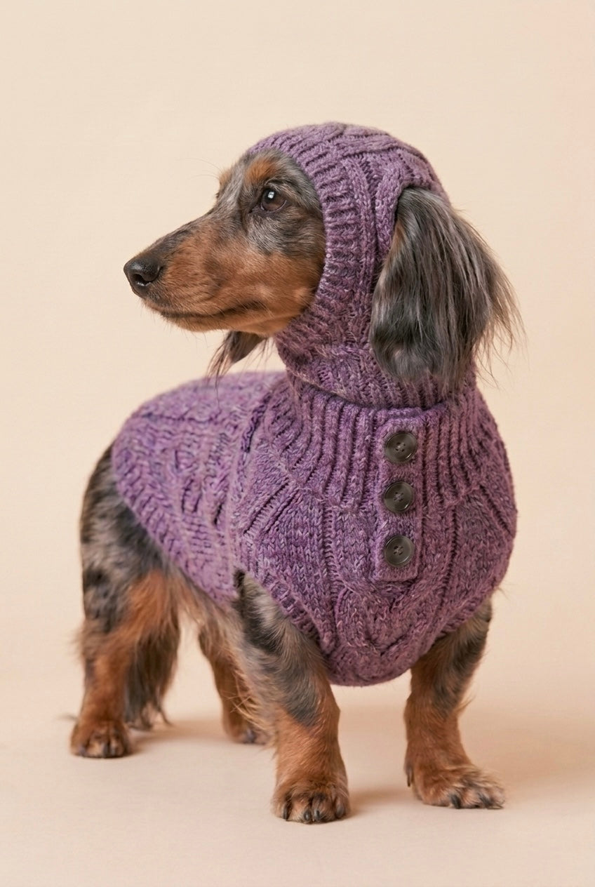 A dachshund wearing a knitted purple dog sweater with a hood and three front buttons, standing against a plain beige studio background.