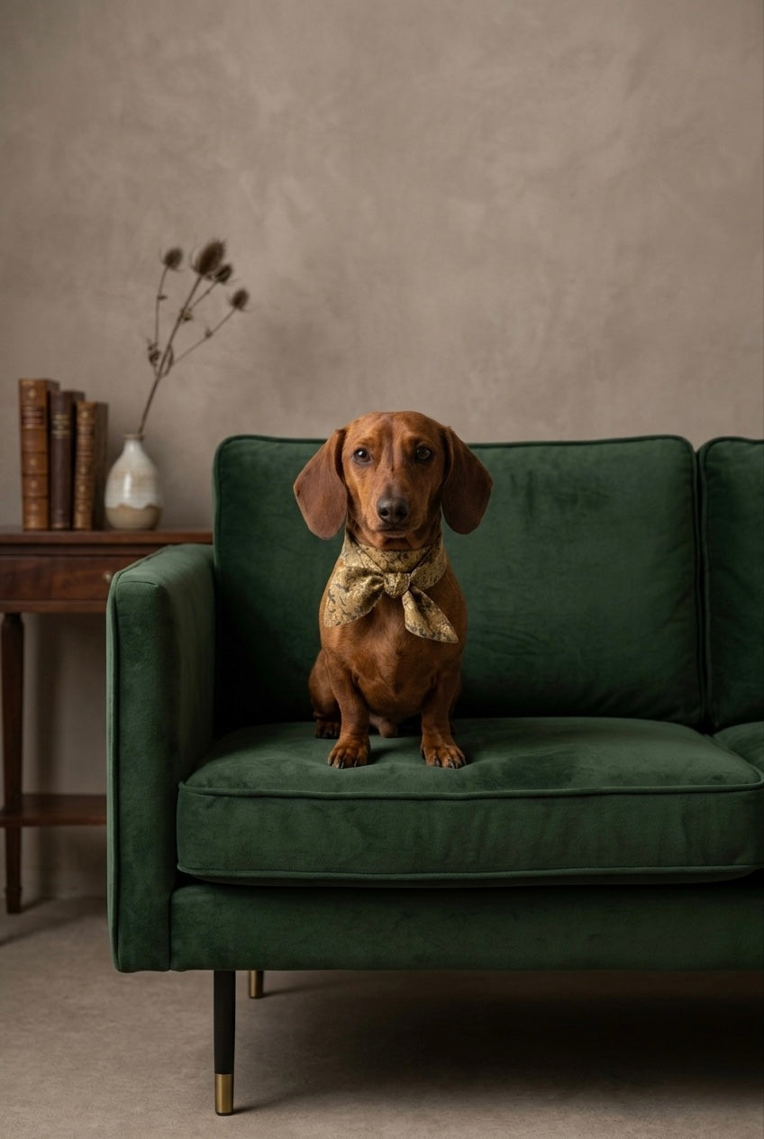 Dog sitting on a green couch with a neutral background