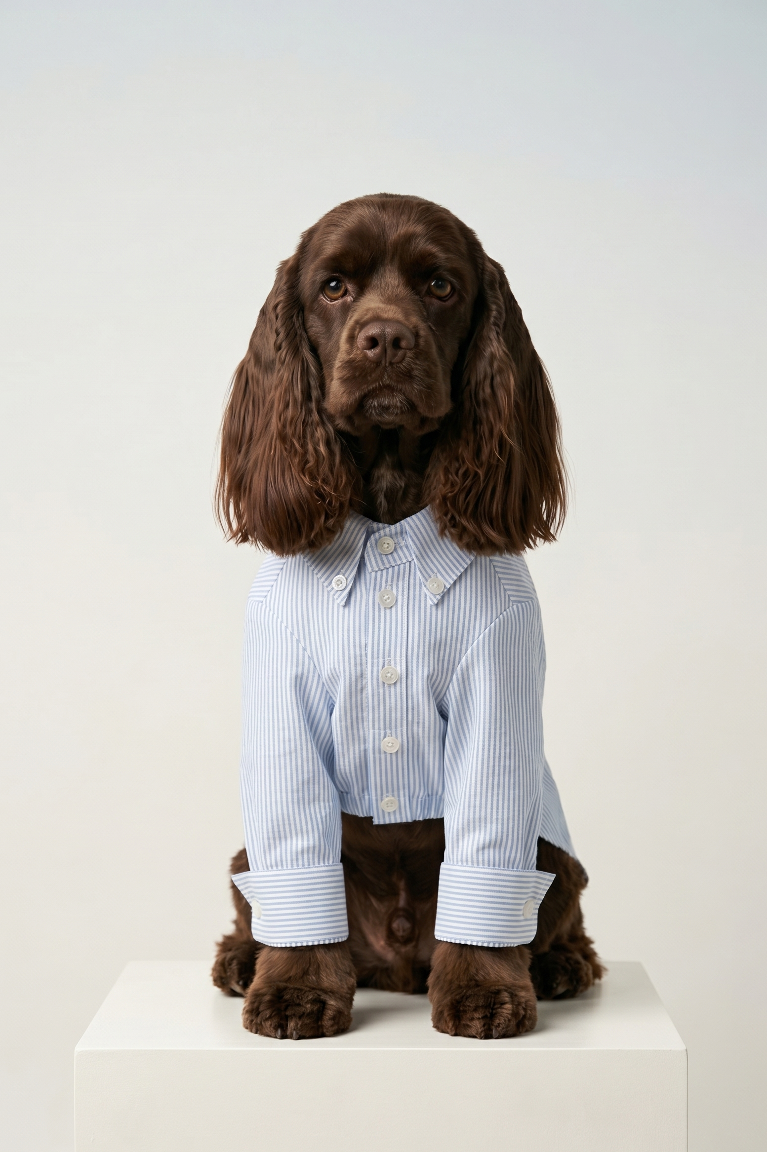 Dog wearing a light blue shirt on a white background