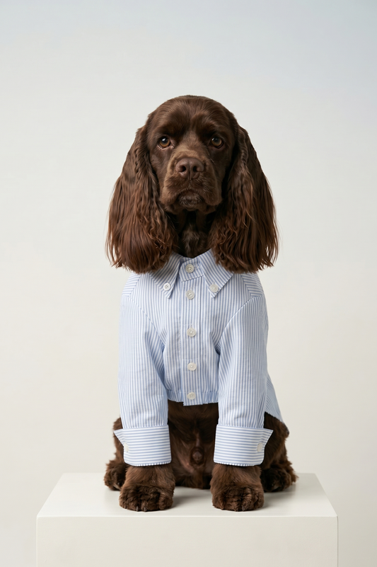 Dog wearing a light blue shirt on a white background