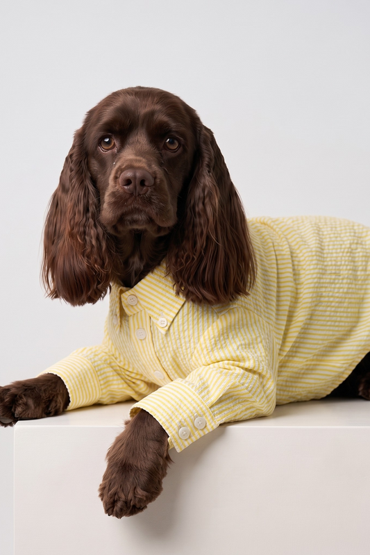 A brown long-eared dog wearing a yellow textured seersucker fabric button-up slim shirt lies on a white pedestal against a light gray studio background.