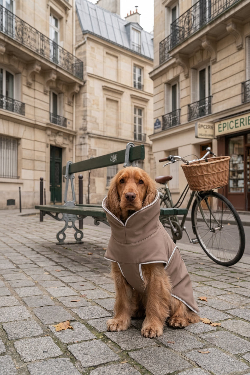 A cocker dog wearing a beige dog coat with white trim, sitting on a cobblestone street in front of Parisian-style buildings, a bench, and a bicycle.