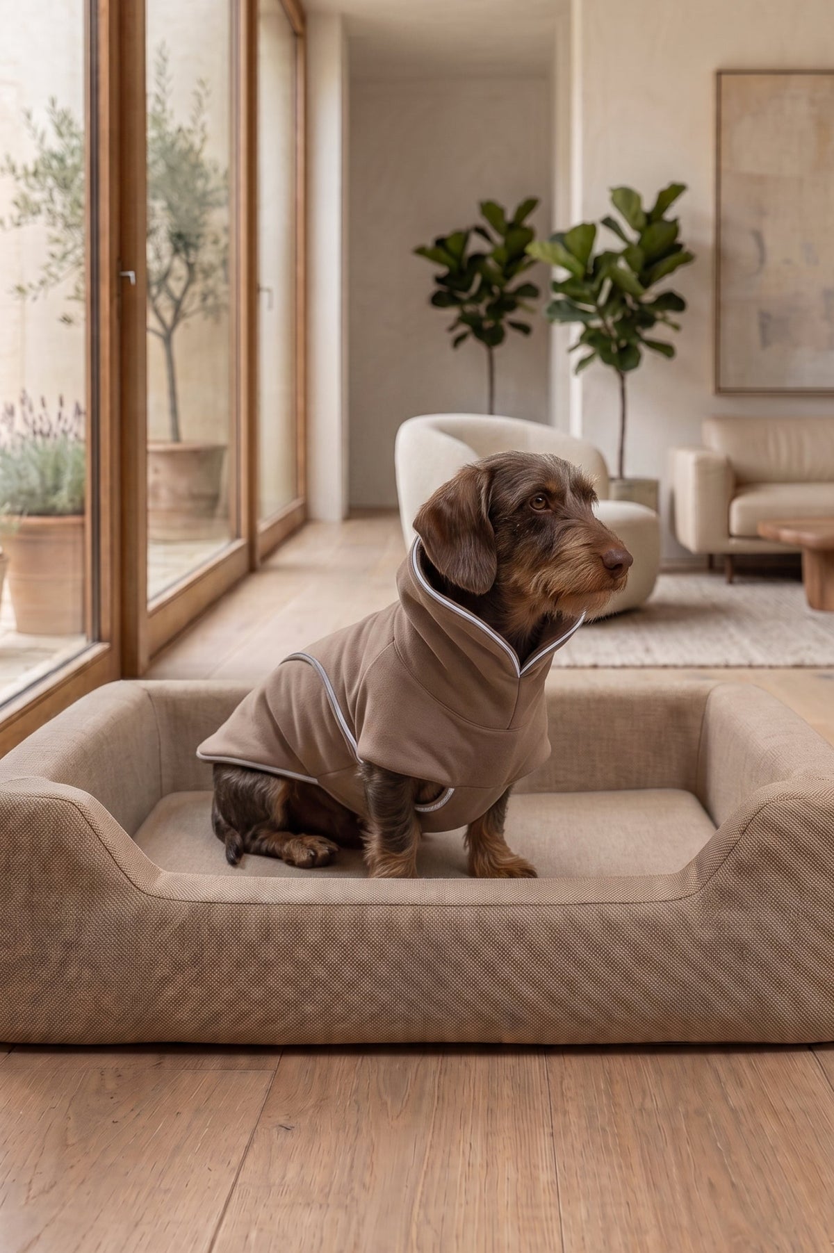 A dachshund wearing a beige hooded pet sweater sits inside a matching beige pet bed on a wooden floor in a bright, modern living room.