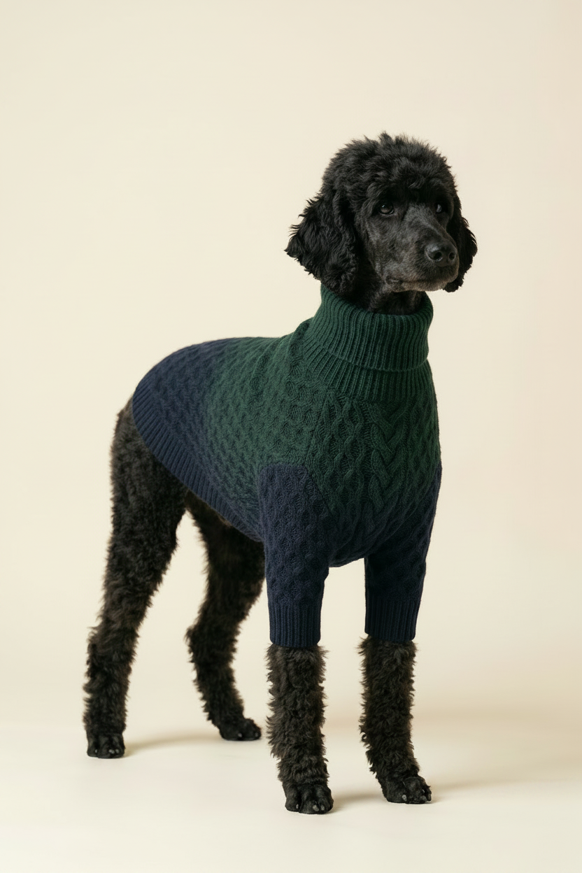 Black poodle wearing a green and navy knitted sweater on a beige background