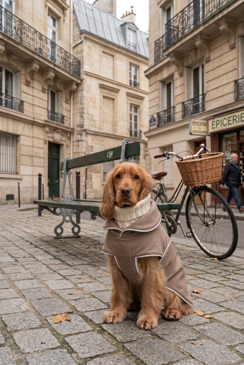 A gold cocker dog wearing a beige dog coat with a cream ribbed collar, sitting on a cobblestone street in front of Parisian-style buildings.