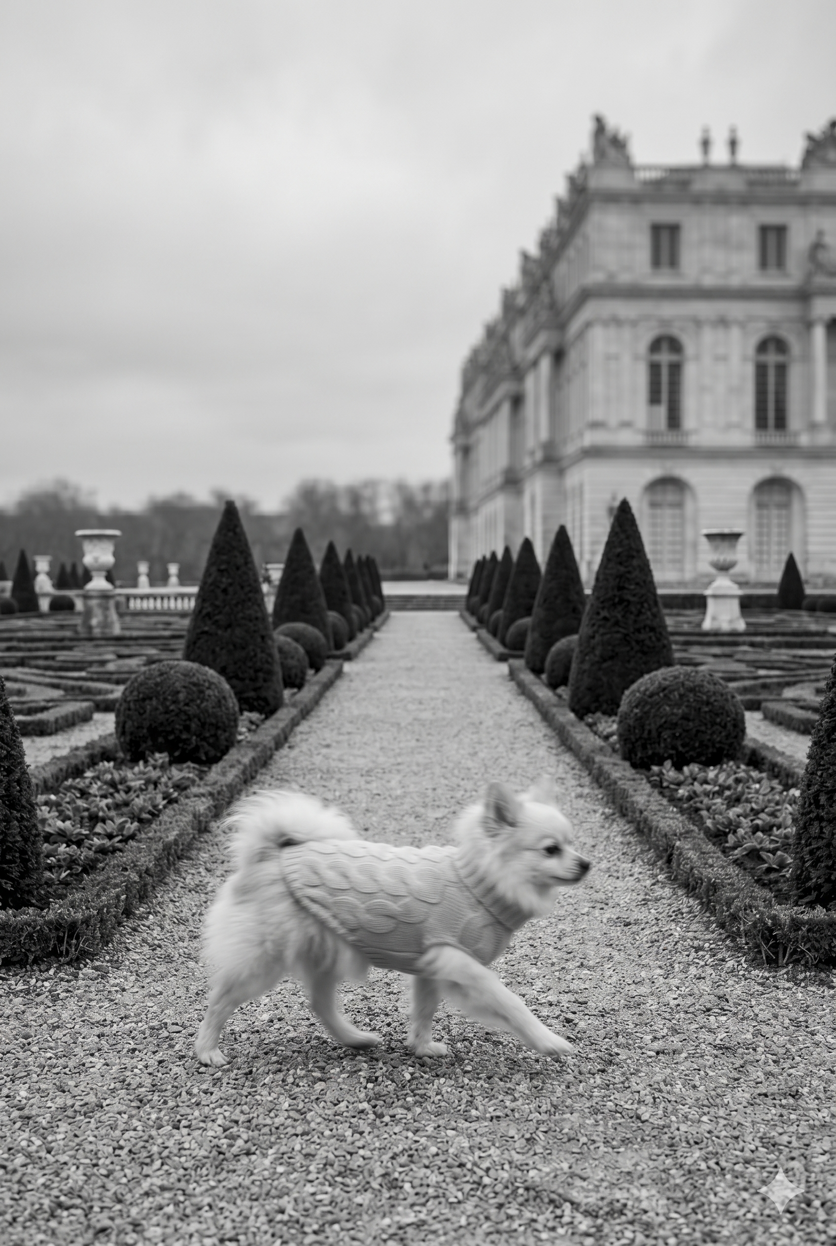 Dog in a sweater walking on a gravel path in a formal garden with a large building in the background.
