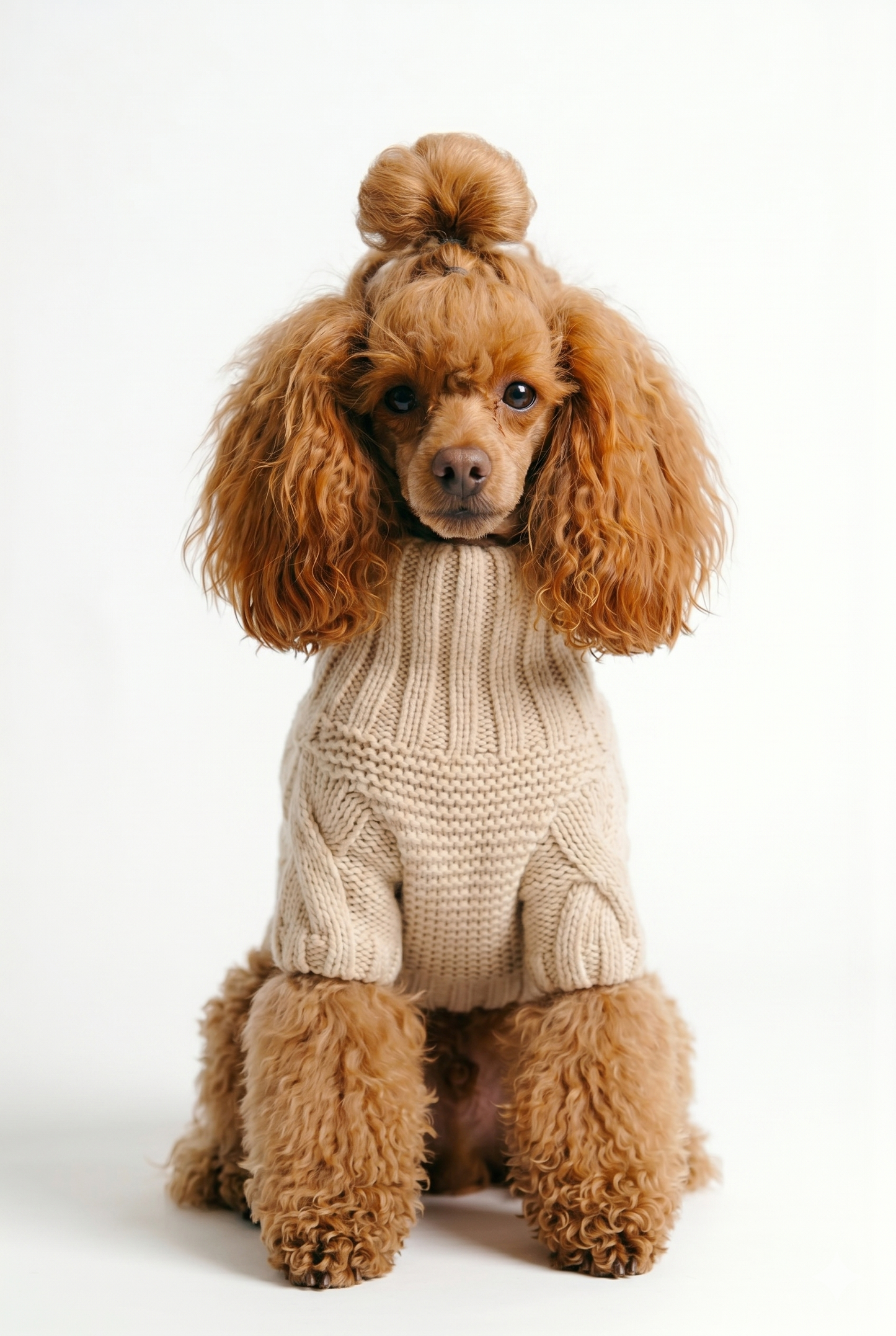 Brown poodle wearing a beige knitted sweater on a white background