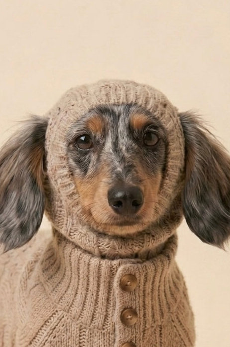 A dachshund wearing a beige cable-knit dog sweater with a matching knit hood, photographed against a plain beige background.