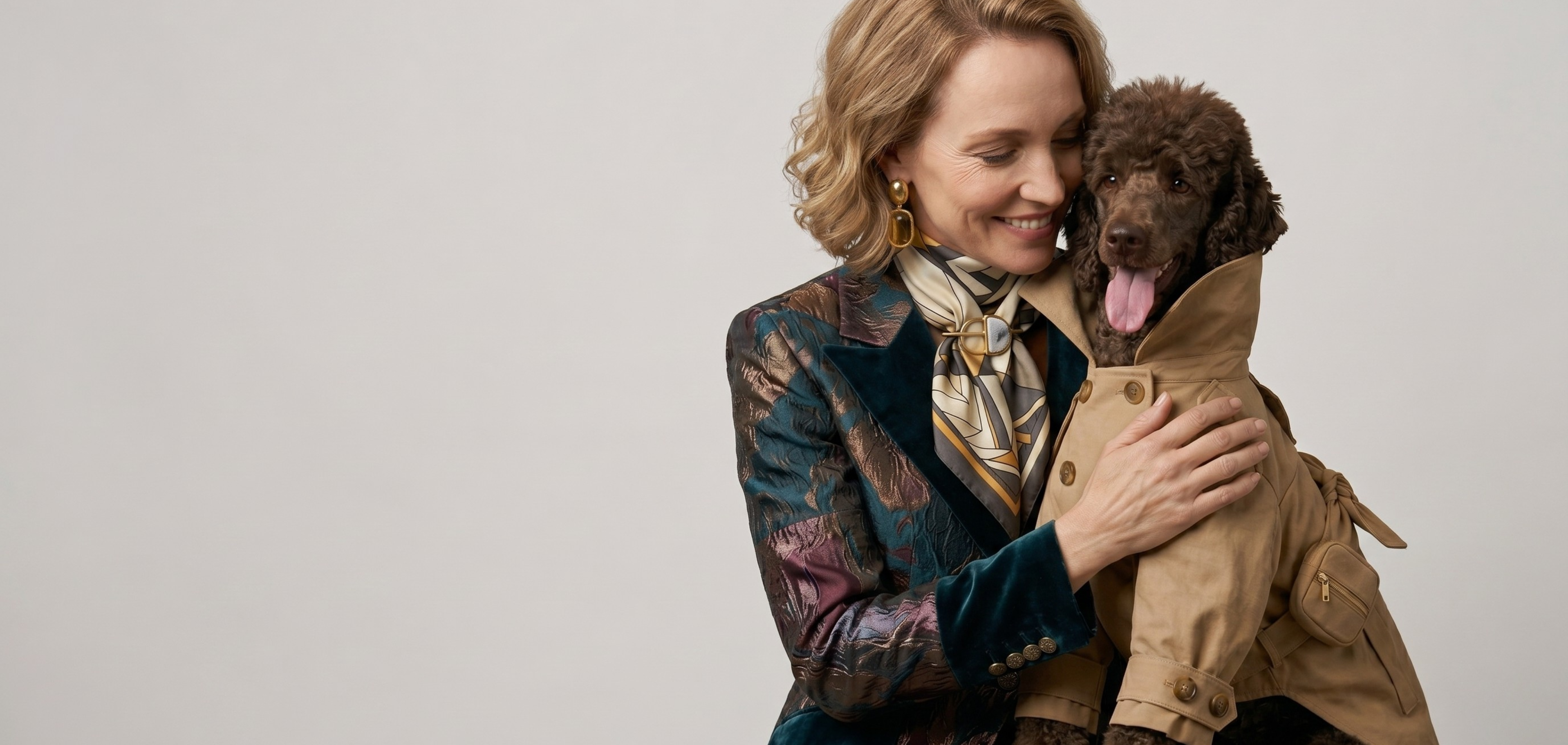 Woman in a patterned coat holding a brown dog in a beige trench coat against a plain background