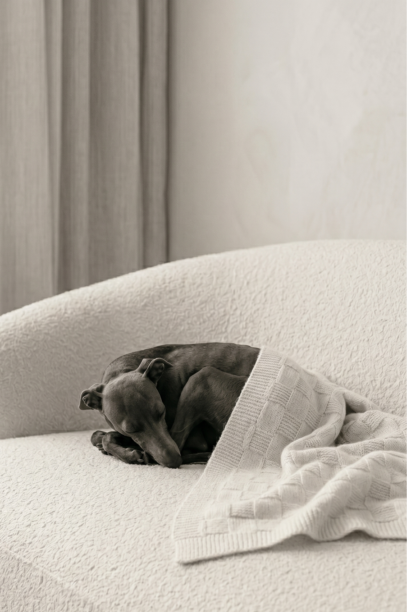 Dog sleeping on a white couch with a baby alpaca blanket in a softly lit room.
