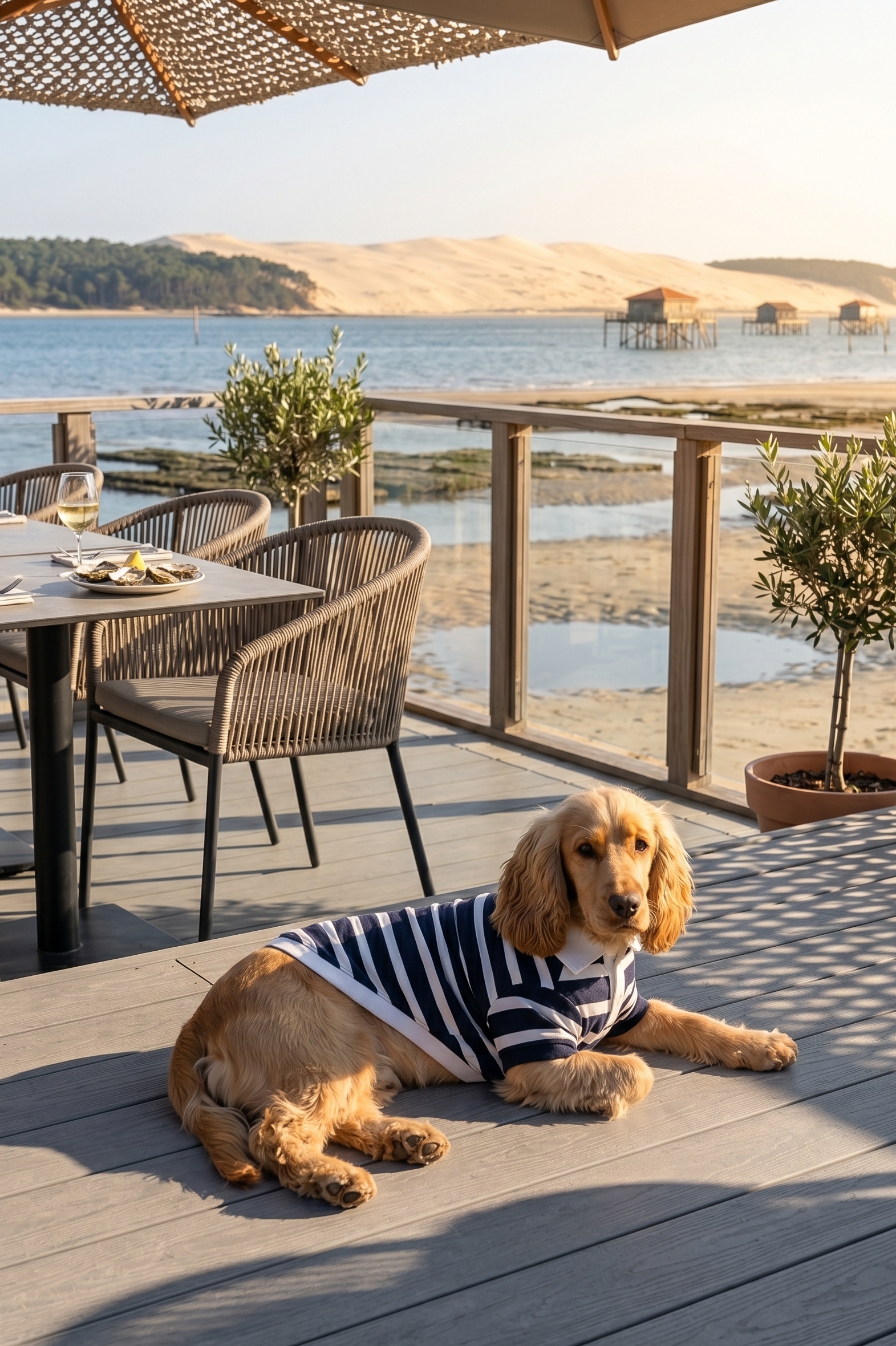 Dog wearing a striped shirt on a wooden deck with a scenic view of water and hills.