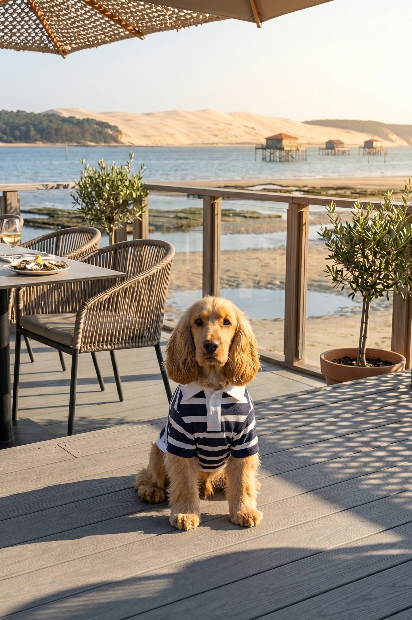 Dog in a striped outfit standing on a wooden deck by the water