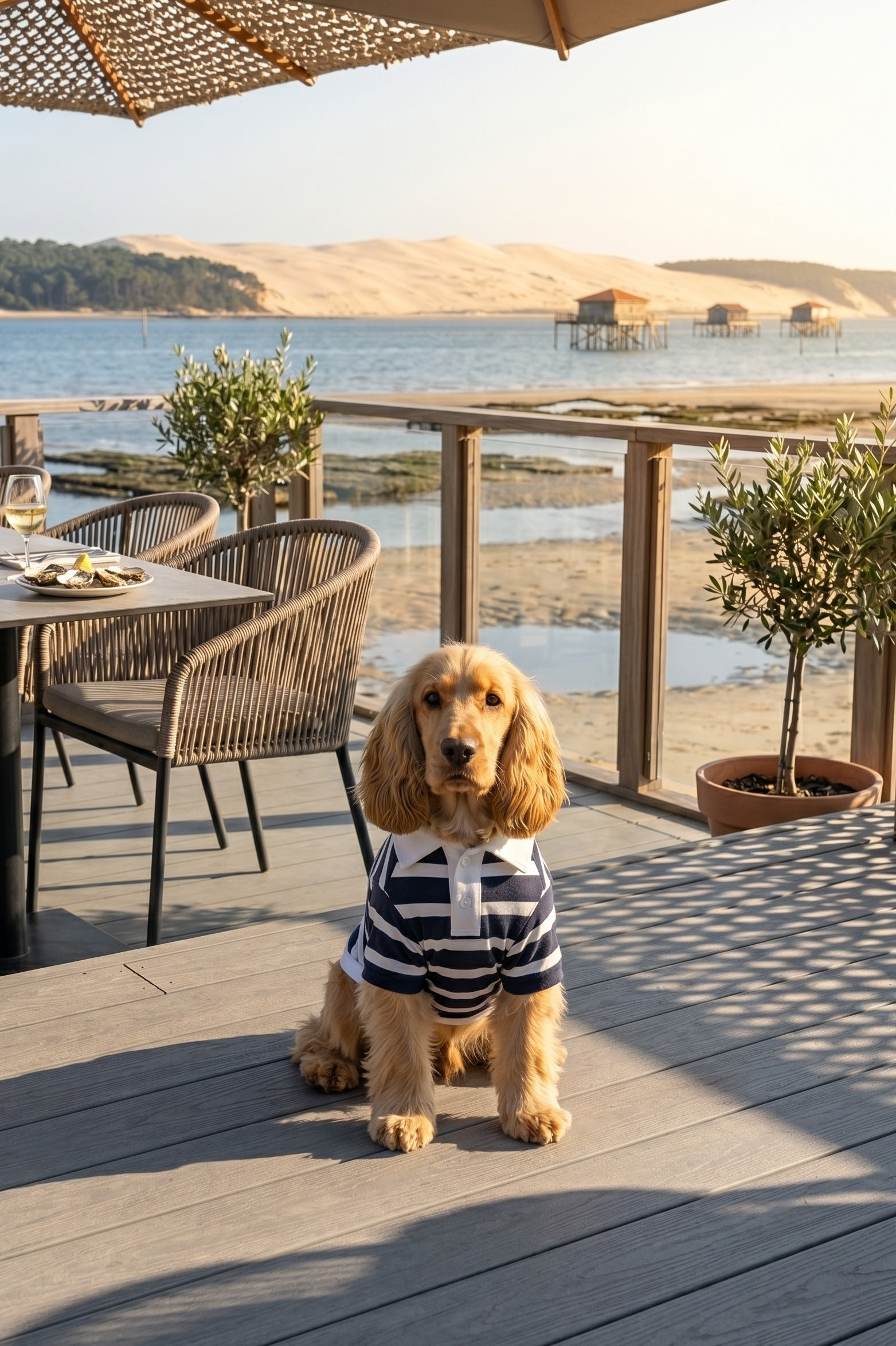 Dog in a striped outfit standing on a wooden deck by the water