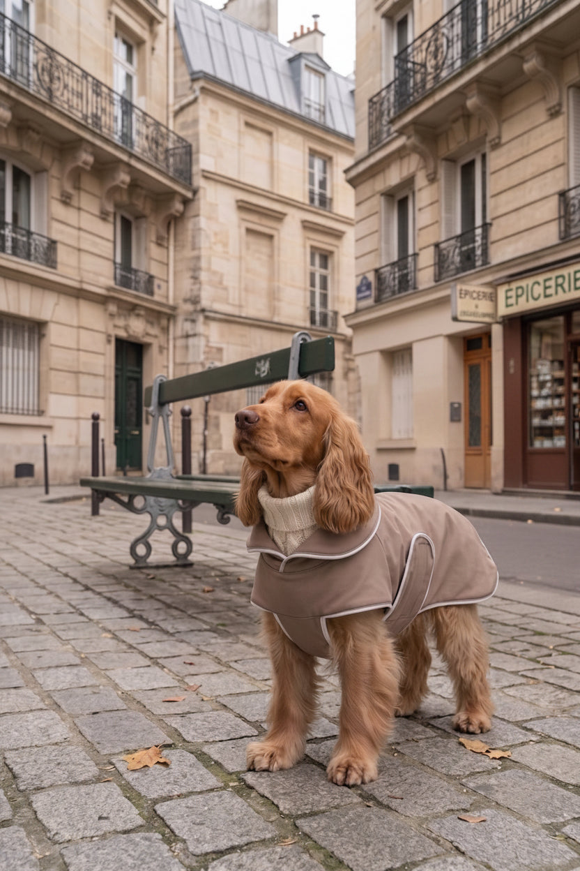 A cocker dog wearing a beige dog sweater with white trim stands on a cobblestone street in front of Parisian-style buildings.