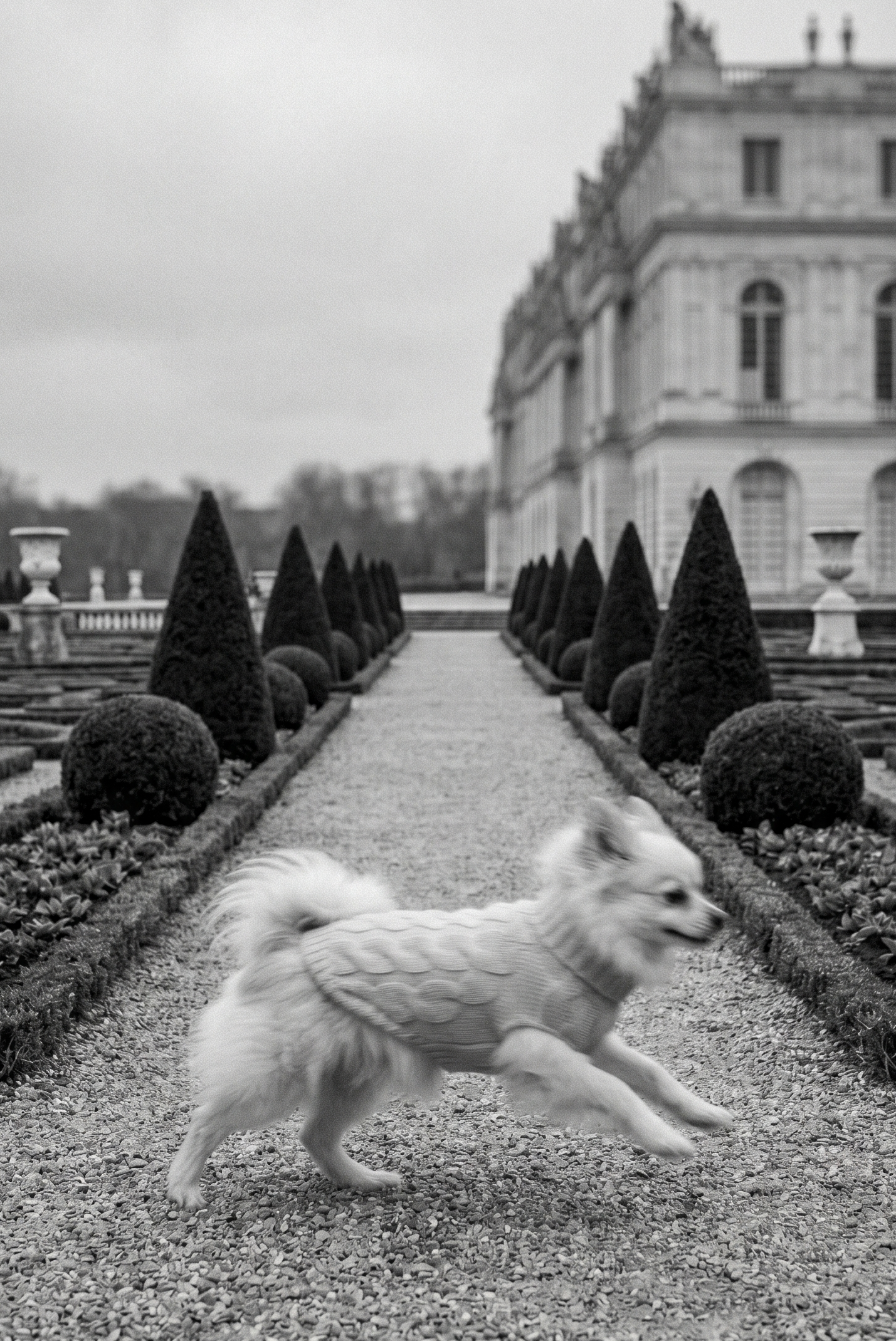 Dog in a sweater walking on a gravel path with a formal garden and building in the background