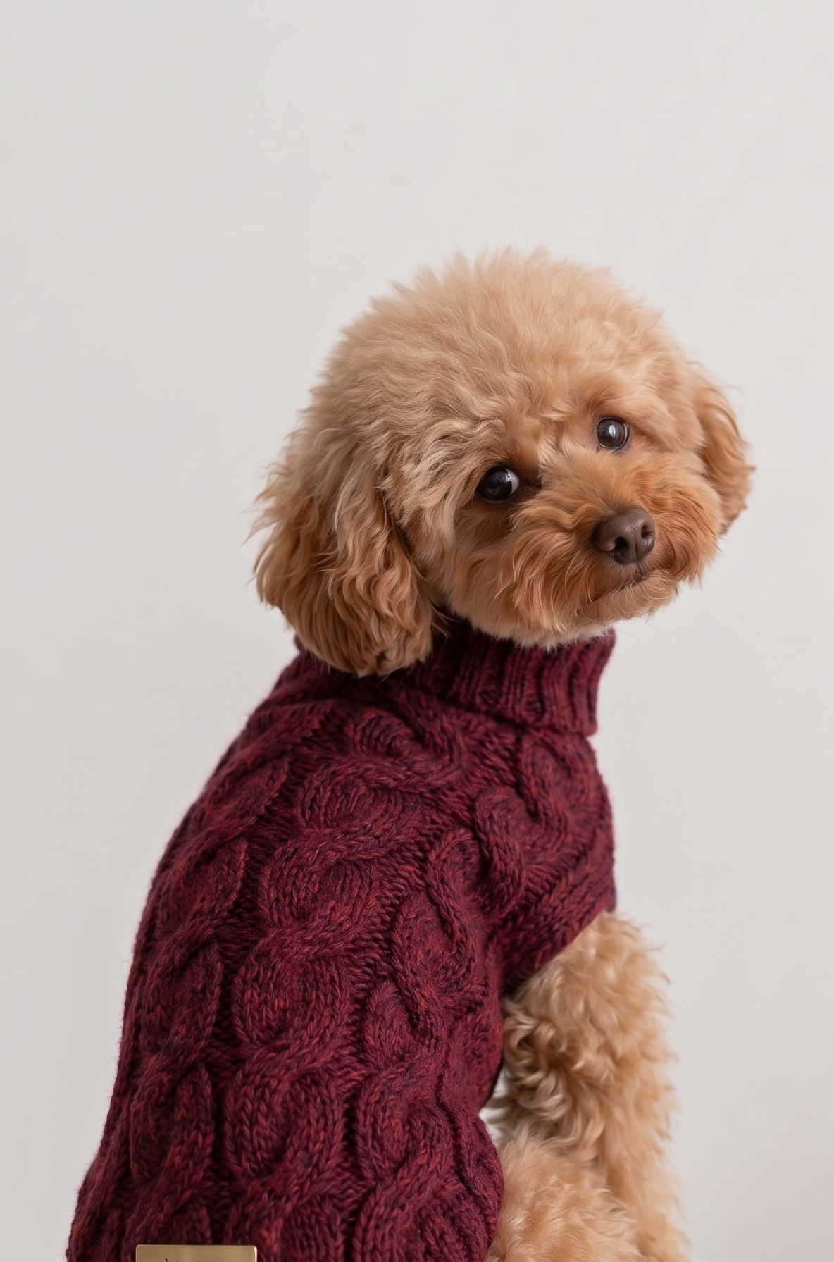 Dog wearing a burgundy melande knitted sweater on a white surface with a light gray background