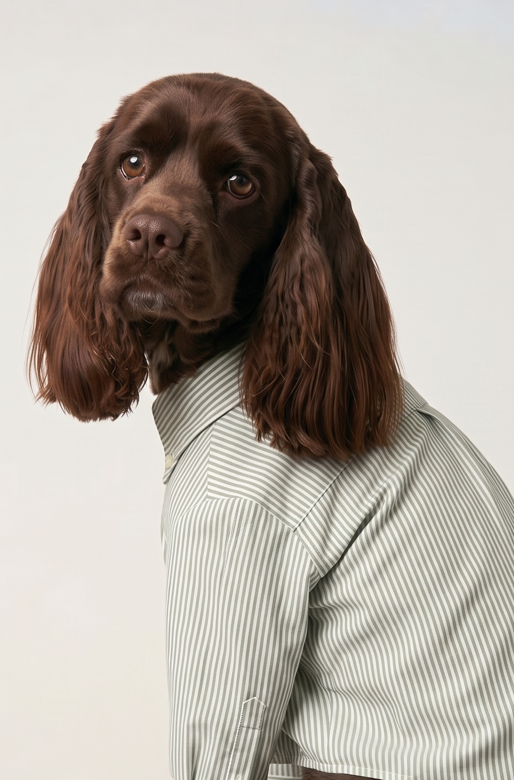 A brown long-haired dog wearing a light green and white vertically striped button-up shirt, sitting on a white pedestal against a light gray studio background.