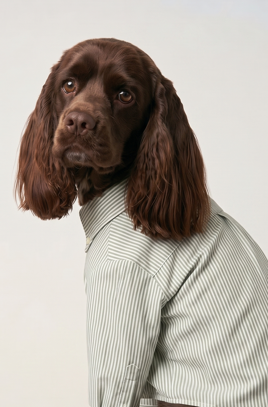 A brown long-haired dog wearing a light green and white vertically striped button-up shirt, sitting on a white pedestal against a light gray studio background.