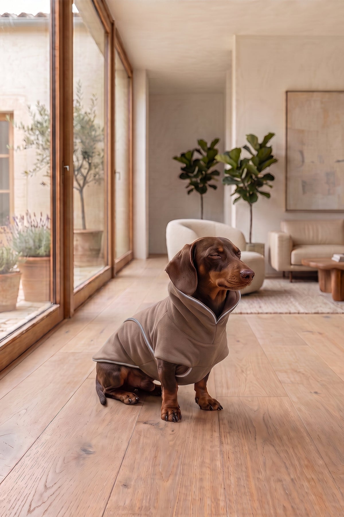 A dachshund wearing a taupe-brown hooded dog sweater sits on a light wood floor in a bright, modern living room with large windows and plants.