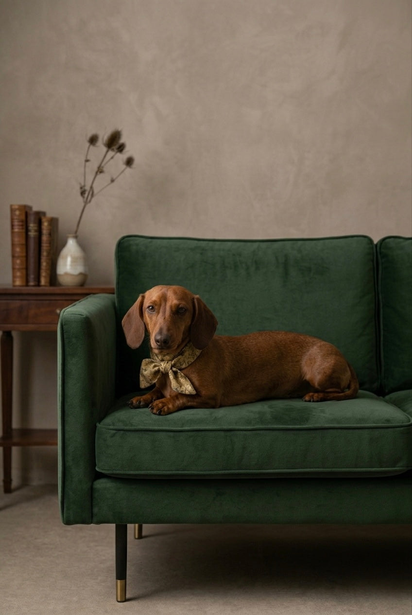 Dog wearing a bow tie sitting on a green couch in a room with a neutral wall and books.