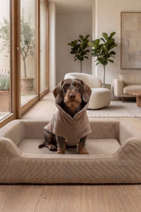 A dachshund wearing a beige hooded pet sweater sits inside a matching beige pet bed on a wooden floor in a bright, modern living room.